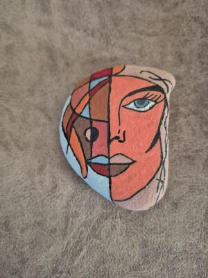 Stone with lineart, tempera painting