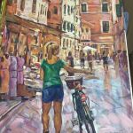 πίνακας ζωγραφικής Κέρκυρα «Κορίτσι με ποδήλατο στα Καντούνια» διαστάσεις 50x 70cm σκόνες αγιογραφίας σε σκληρό χαρτόνι ζωγράφος P.Cromidas Σ.Κ.Τ.Θεσσαλονίκης έτος αποφοίτησης 2004