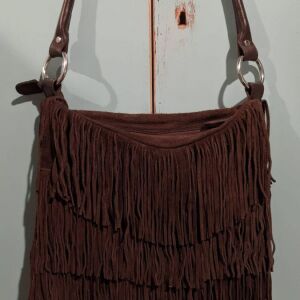 Δερμάτινη suede τσάντα χειρός με κρόσσια (καφέ) (Leather suede handbag with fringes - chocolate brown)
