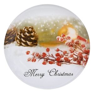 Χριστουγεννιάτικο Πιάτο Γλυκού Γυάλινο Χιόνι Γκι Κουκουνάρια "Merry Christmas" 15cm