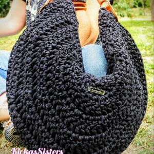 Μεγάλη πλεκτή μαύρη τσάντα στυλ hobo, στρόγγυλη με φερμουάρ από βαμβακερό νήμα