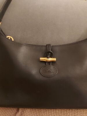 Longchamp Roseau shoulder bag, black leather with gold details