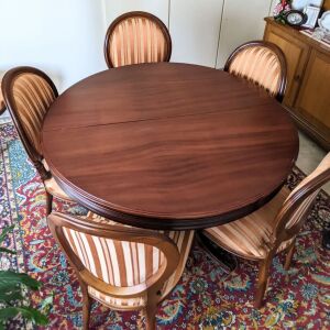 Τραπέζι τραπεζαρίας στρογγυλό και επεκτεινόμενο, ξύλο οξιάς και 6 καρέκλες