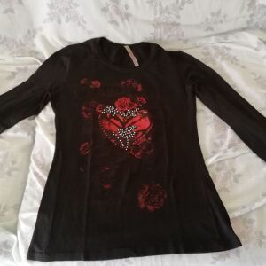 Μαύρη μακρυμάνικη μπλούζα με σχέδιο λουλούδι και στρας size L