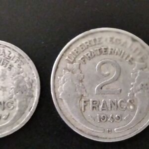 1 franc 1947 B (light type) & 2 francs 1949 B (light type)