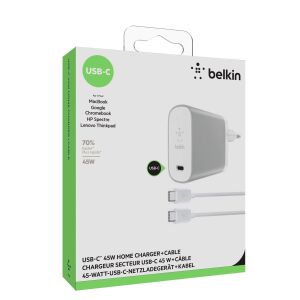 Σφραγισμένος, 24 μήνες εγγύηση, απόδειξη μεγάλης αλυσίδας, Belkin Φορτιστής με Θύρα USB-C και Καλώδιο 1.8m USB-C 45W 3Α Power Delivery Λευκός (F7U010VF06)
