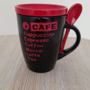 Κούπα για cappuccino με κουταλάκι και καπάκι μάυρη / κόκκινη