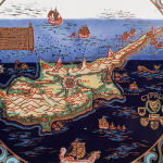 Κεραμικό πιάτο,παλιός χάρτης της Κύπρος με χρυσές πινελιές των 24 κανατίων