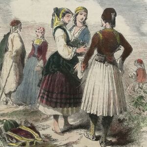 1850 Παραδοσιακές φορεσιές  Ελλήνων στην  περιοχή της Κριμαίας στον Εύξεινο Πόντο ( Μαύρη Θάλασσα ) επιχρωματισμένη ξυλογραφια