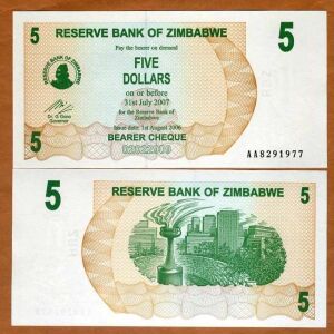 ZIMBABWE 2006 5 DOLLARS CURRENCY UNC