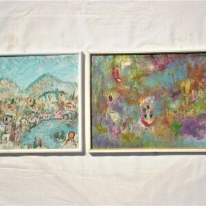 Δύο αυθεντικοί πίνακες ζωγραφικής ελαιογραφίες νωπογραφίες τοπία σπίτια φιγούρες ζώα
