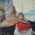 Αυθεντικός πίνακας ζωγραφικής Υδρα λιμάνι βάρκες θαλασσογραφία