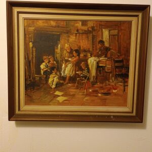 Πίνακας ζωγραφικής με ελαιογραφία και θέμα "Η γιαγιά με τα παιδάκια", σε κορνίζα διαστάσεων 64,5 χ 55εκ