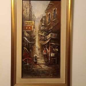 Πίνακας ζωγραφικής με ελαιογραφία και θέμα "Γειτονιά στη Ασία", σε πίνακα διαστάσεων 46εκ χ 77εκ
