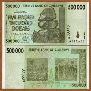 ZIMBABWE 500,000 DOLLARS 2008 P76 BANKNOTE UNC