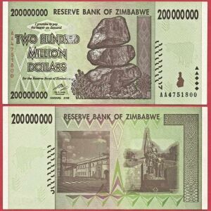 ZIMBABWE 200 MILLION DOLLARS 2008 P81 BANKNOTE UNC