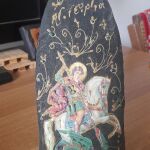 Εικονα του Αγιου Γεωργιου ζωγραφισμενη και ντεκουπαζ πανω σε κομματι ξυλο