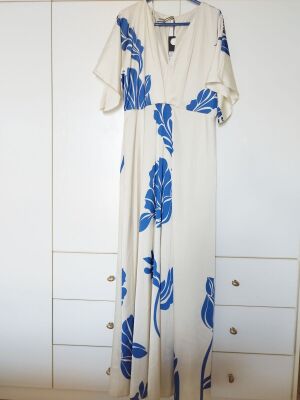 Maxi satin dress Mara's Collection, white with blue floral