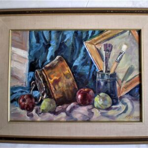 Αυθεντικός πίνακας ζωγραφικής έργο τέχνης ελαιογραφία νεκρή φύση με μπακίρι φρούτα πινέλα κορνίζα