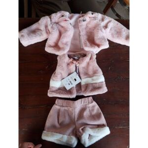 ροζ σετ παιδικό γιλέκο γούνα παντελονακι βρεφικά ρούχα