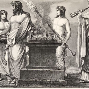 1880 αρχαίοι Έλληνες και Ελληνίδες θυσίες σε ιερό βωμό -φορεσιές κοστούμια χαλκογραφία
