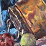 Αυθεντικός πίνακας ζωγραφικής έργο τέχνης ελαιογραφία νεκρή φύση με μπακίρι φρούτα πινέλα κορνίζα