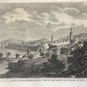 1878 Χίος ξυλογραφια της πόλης και των χαρακτηριστικών ανεμόμυλων