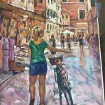 πίνακας ζωγραφικής Κέρκυρα «Κορίτσι με ποδήλατο στα Καντούνια» διαστάσεις 50x 70cm σκόνες αγιογραφίας σε σκληρό χαρτόνι ζωγράφος P.Cromidas Σ.Κ.Τ.Θεσσαλονίκης έτος αποφοίτησης 2004