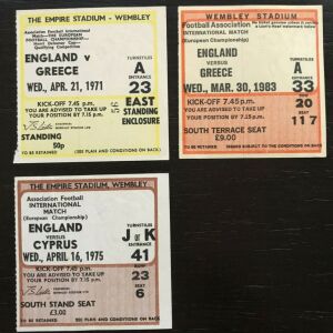 3 Εισιτήρια Εθνικής Ελλάδος και Κυπρου με Αγγλία από το Wembley. Προκριματικά Ευρωπαϊκού πρωταθληματος 1971, 1975, 1983.
